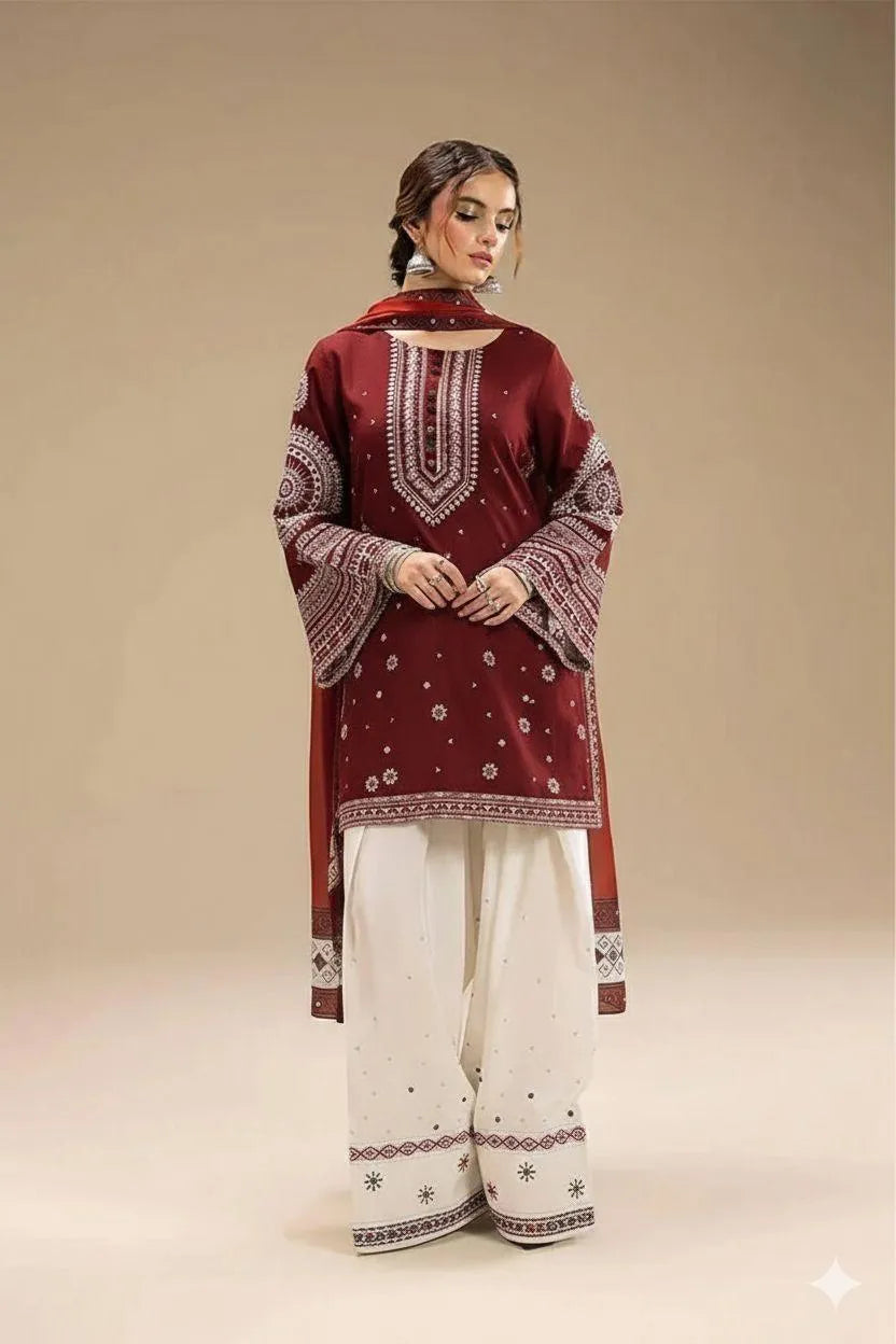Maroon Embroidered 3-Piece Dhanak Suit with Pashmina Dupatta