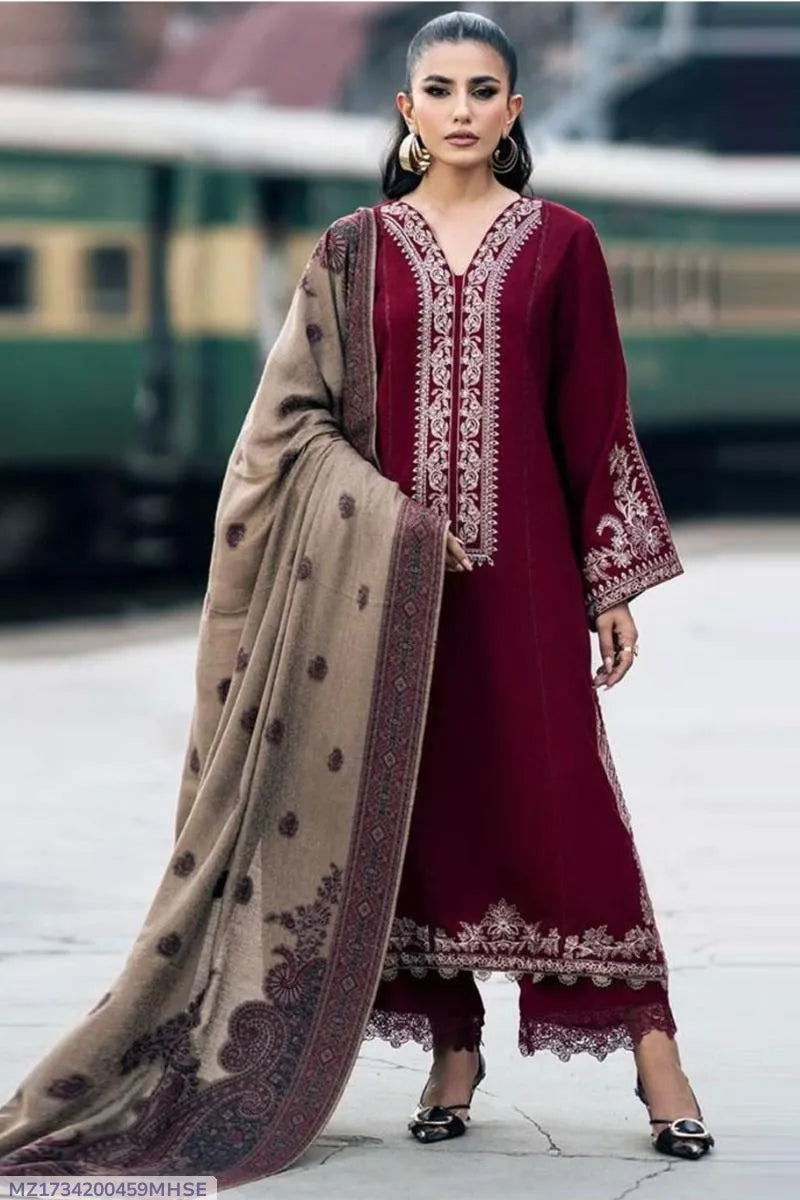 Maroon Embroidered 3PC Lawn Suit with Digital Printed Dupatta