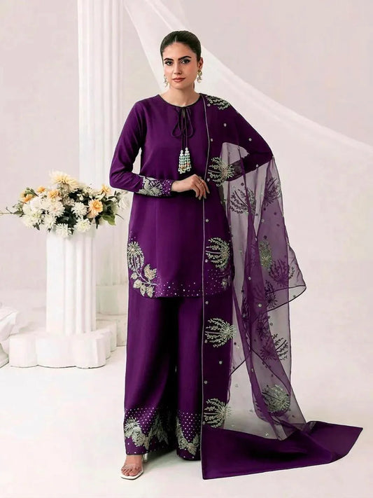 Purple 3Pcs Raw Silk Embroidered Set