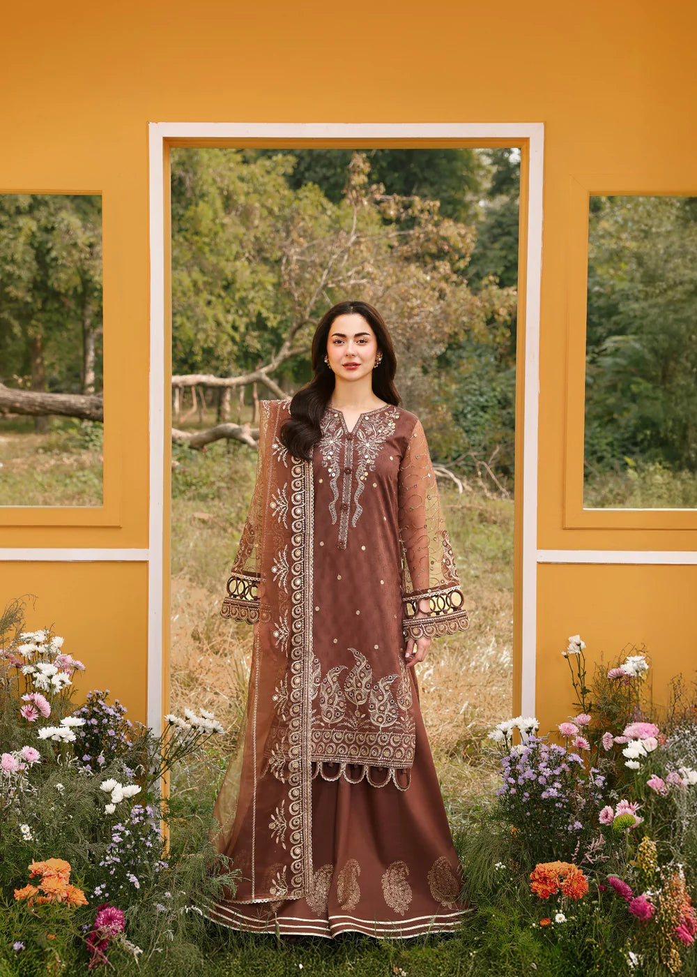 Cotton-3PC Embroidered Shirt with Organza Embroidered Dupatta