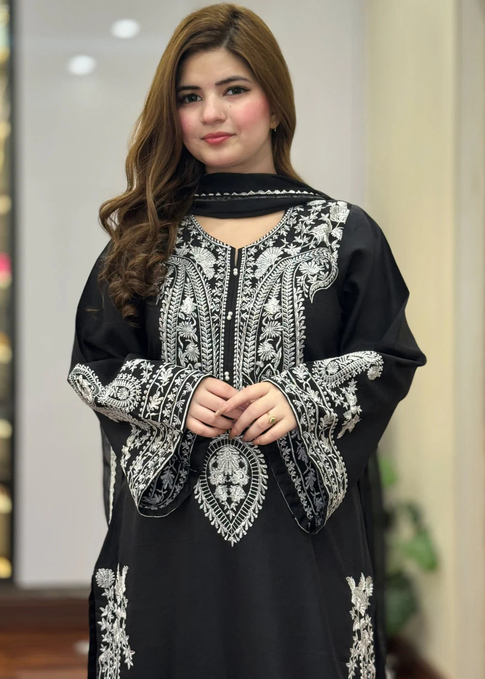 Black Embroidered 3PC Cotton Suit with Chiffon Dupatta