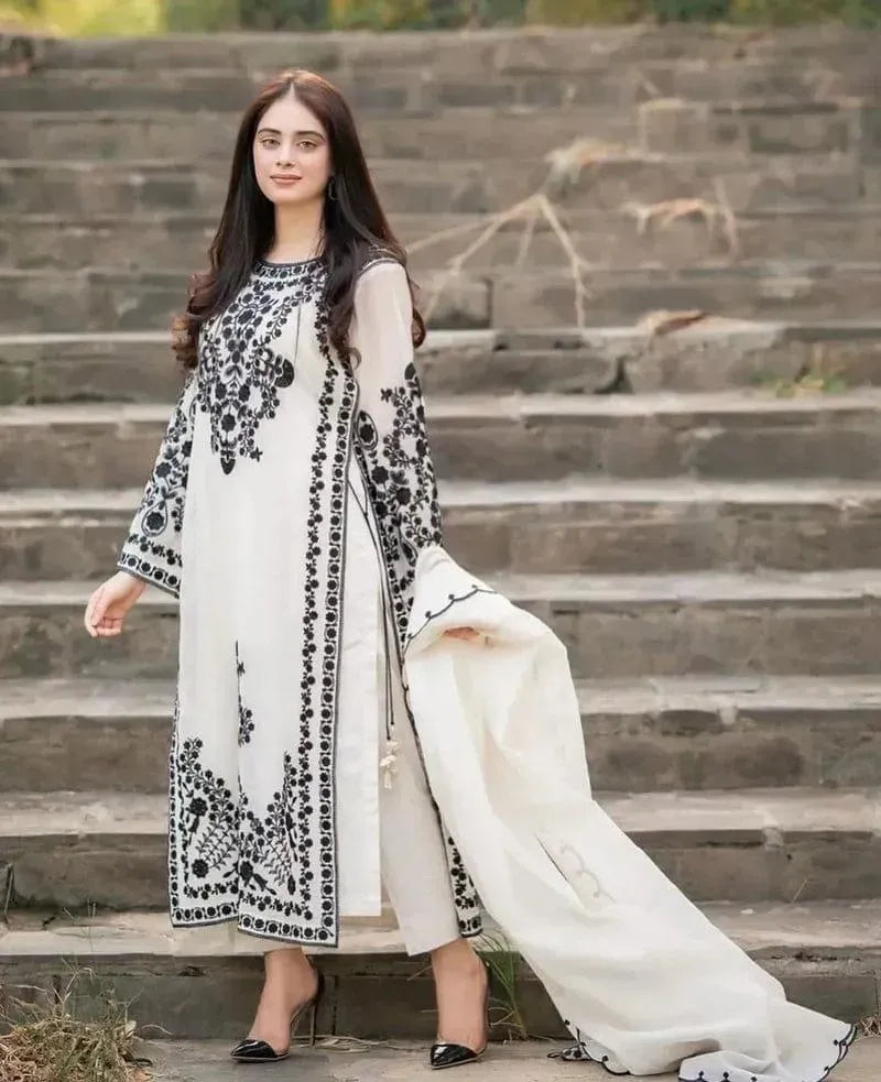 White Embroidered Lawn 3Pcs Set for Women
