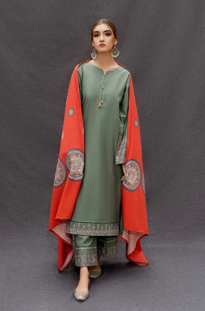 Green Embroidered Lawn 3Pcs Set with Digital Print Dupatta