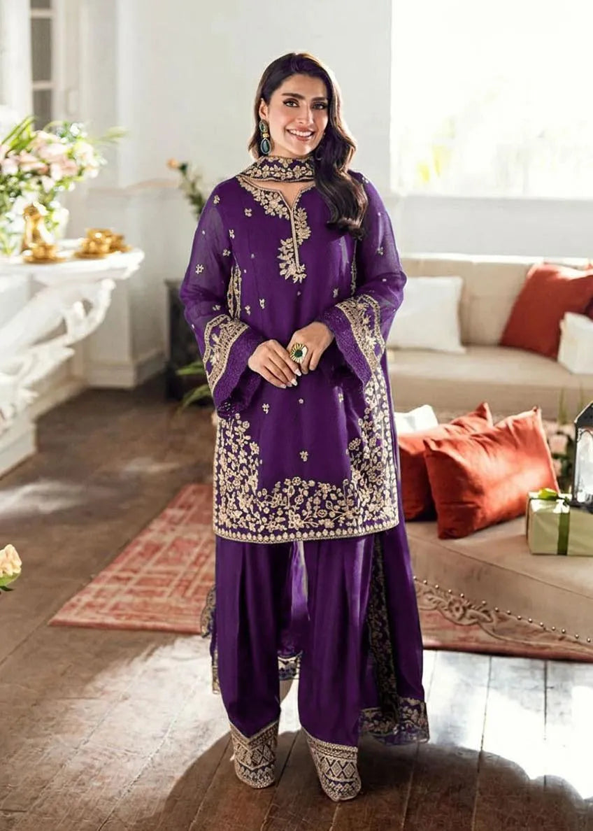 Purple Farshi Shalwar Kameez Set Silk Organza 3Pcs