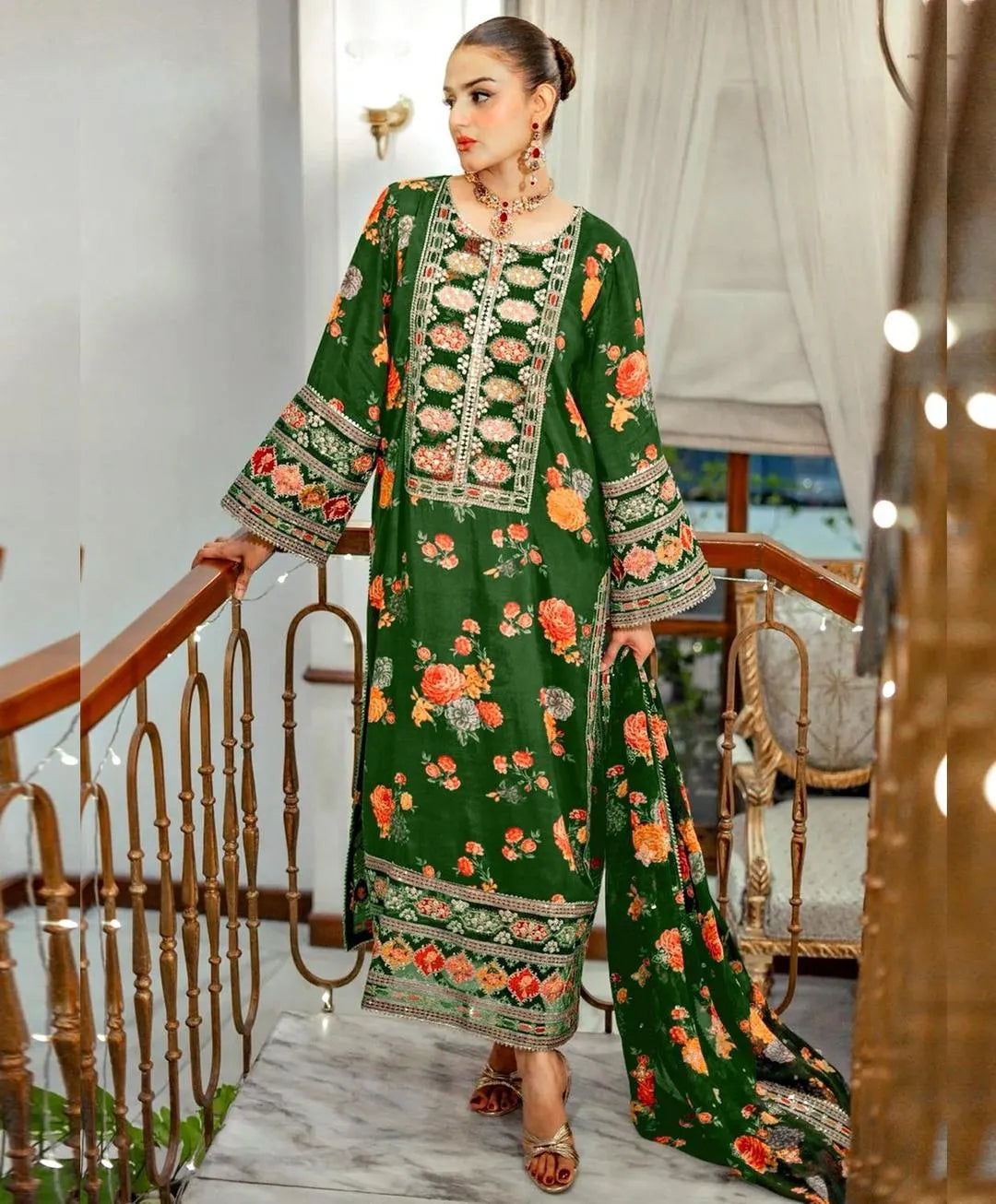 Green Silk Floral 3-Piece Suit for Women