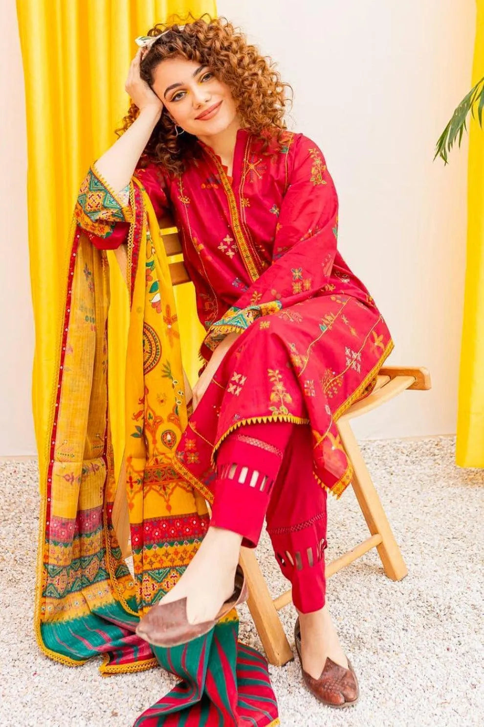 Red Embroidered 3-Piece Dhanak Suit for Women
