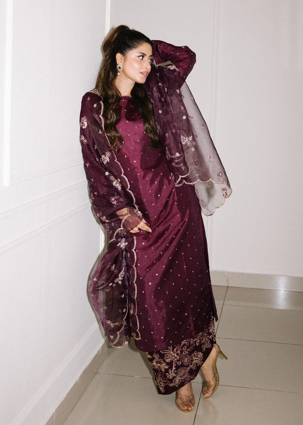 Silk-3PC Embroidered Shirt with Organza Embroidered Dupatta