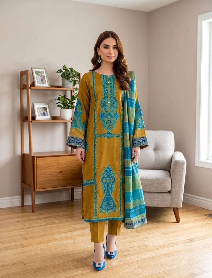 Maria B Festive 3PC Lawn Suit - Heavy Sequence Embroidered Ensemble
