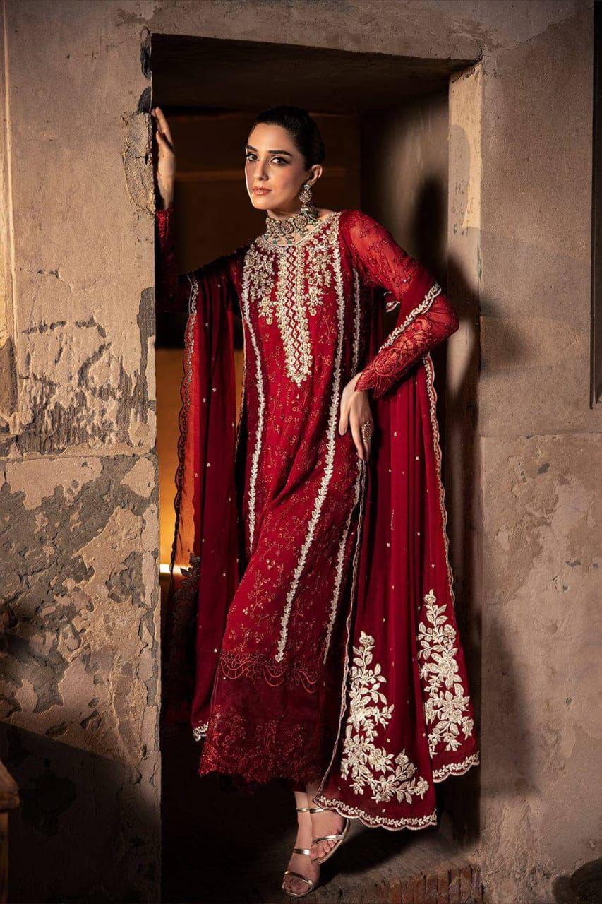 Azure Royal Crimson Premium Chiffon 3PC Suit - Hand-Embellished Festive Ensemble