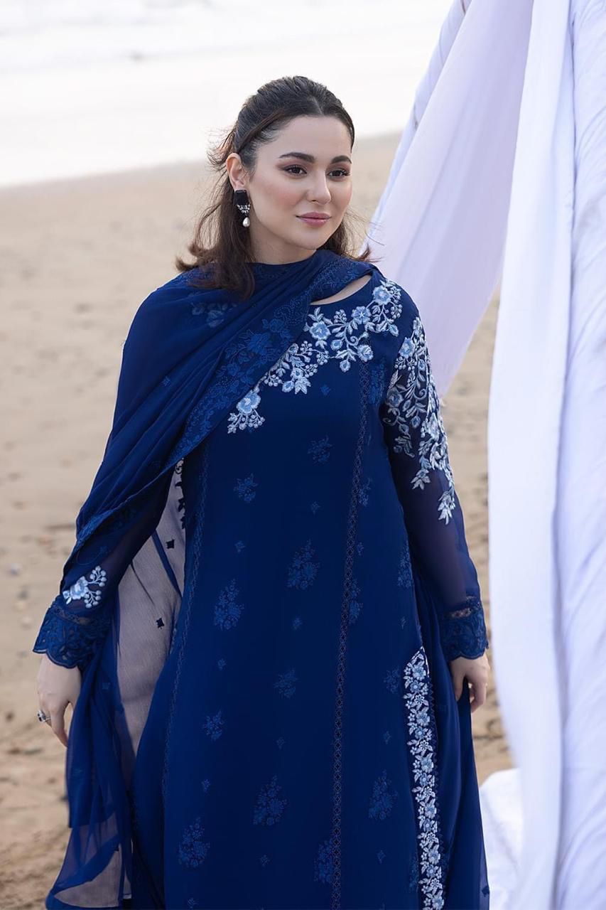 Azure Premium Chiffon Ensemble - 3D Embroidered Luxury 3PC Suit