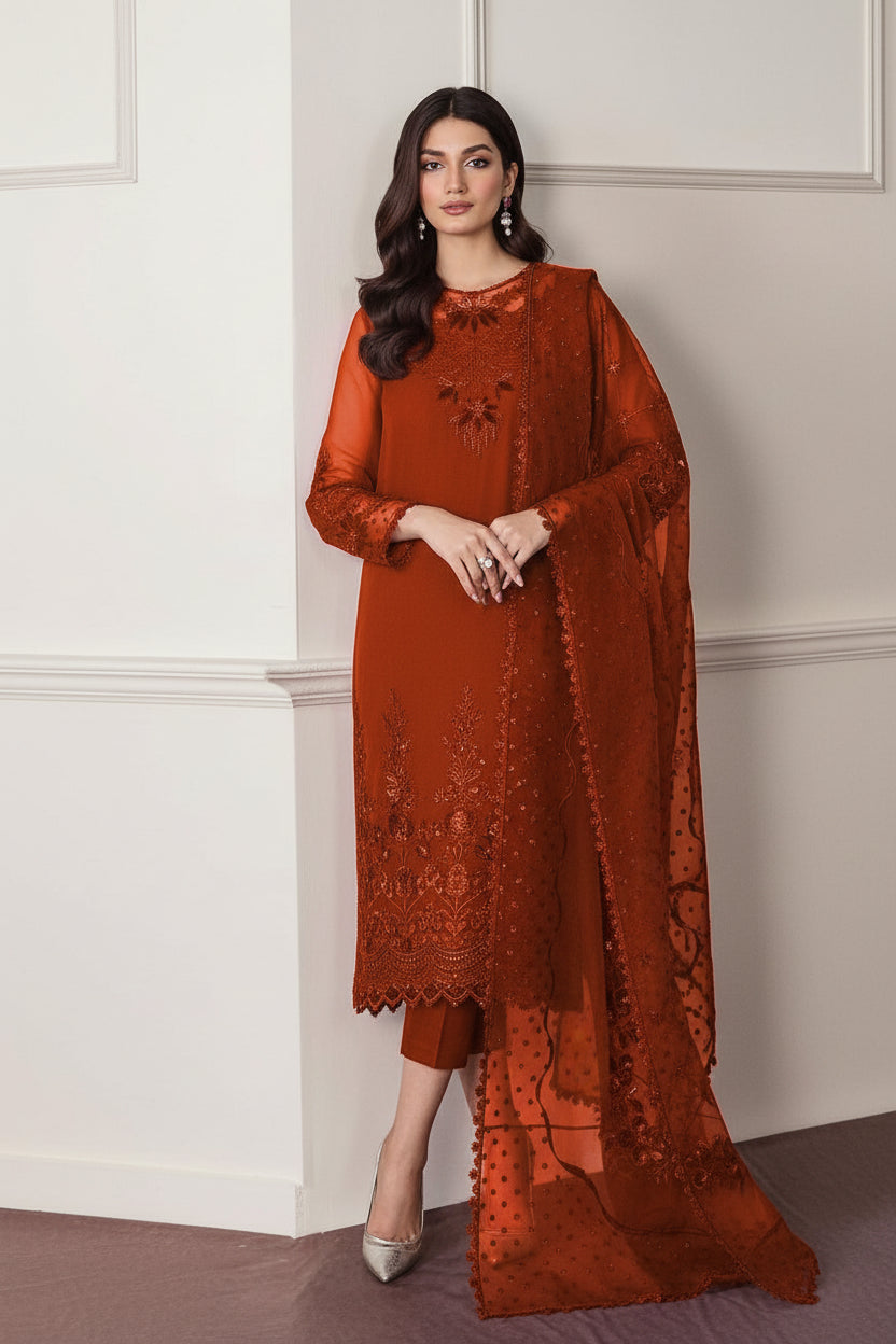 Baroque Premium Chiffon & Organza 3PC Suit in Four Different Colors - Elegant Embroidered Ensemble
