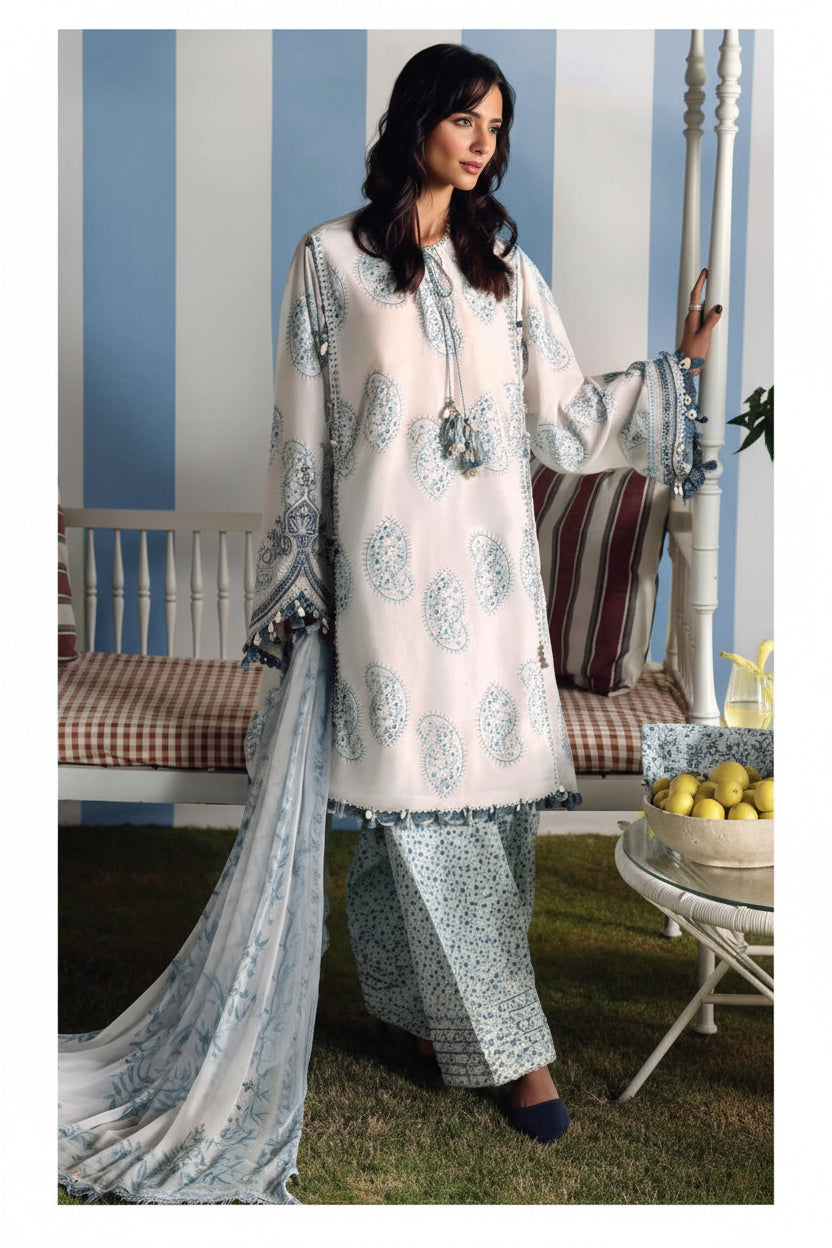 Farasha Luxury Lawn 3PC Suit in Two Different Colours Embroidered Ensemble with Chiffon Dupatta