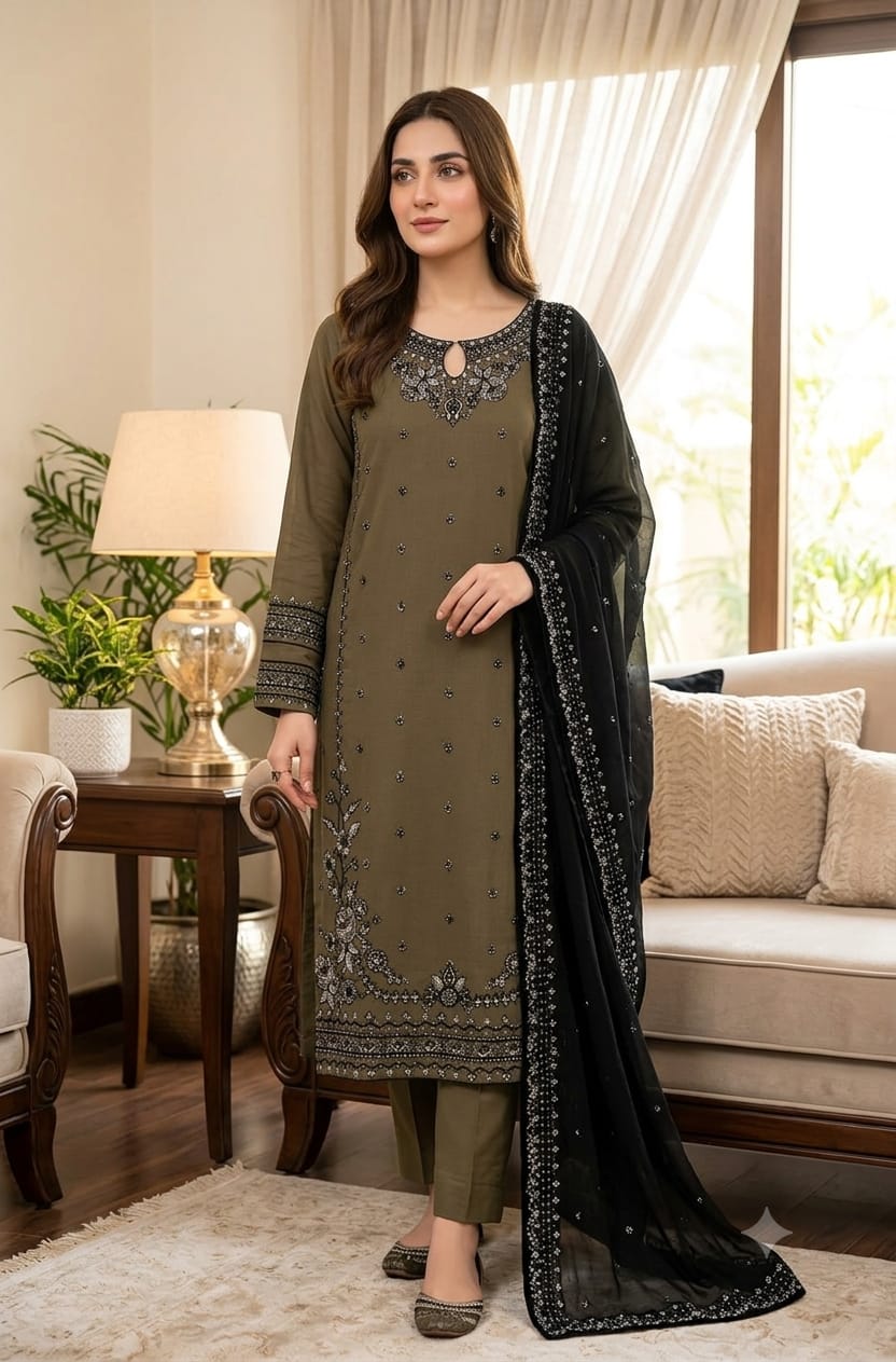 Batik Luxury Mehandi 3PC Lawn Suit - Heavy Embroidered Ensemble