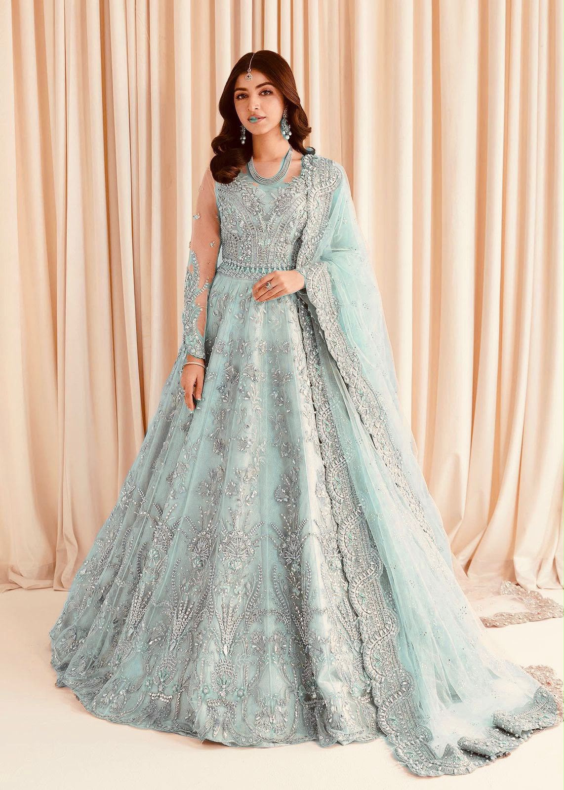 3PIECE Luxury Embroidered Net Frock with Heavy embroidered sequence and plears Work