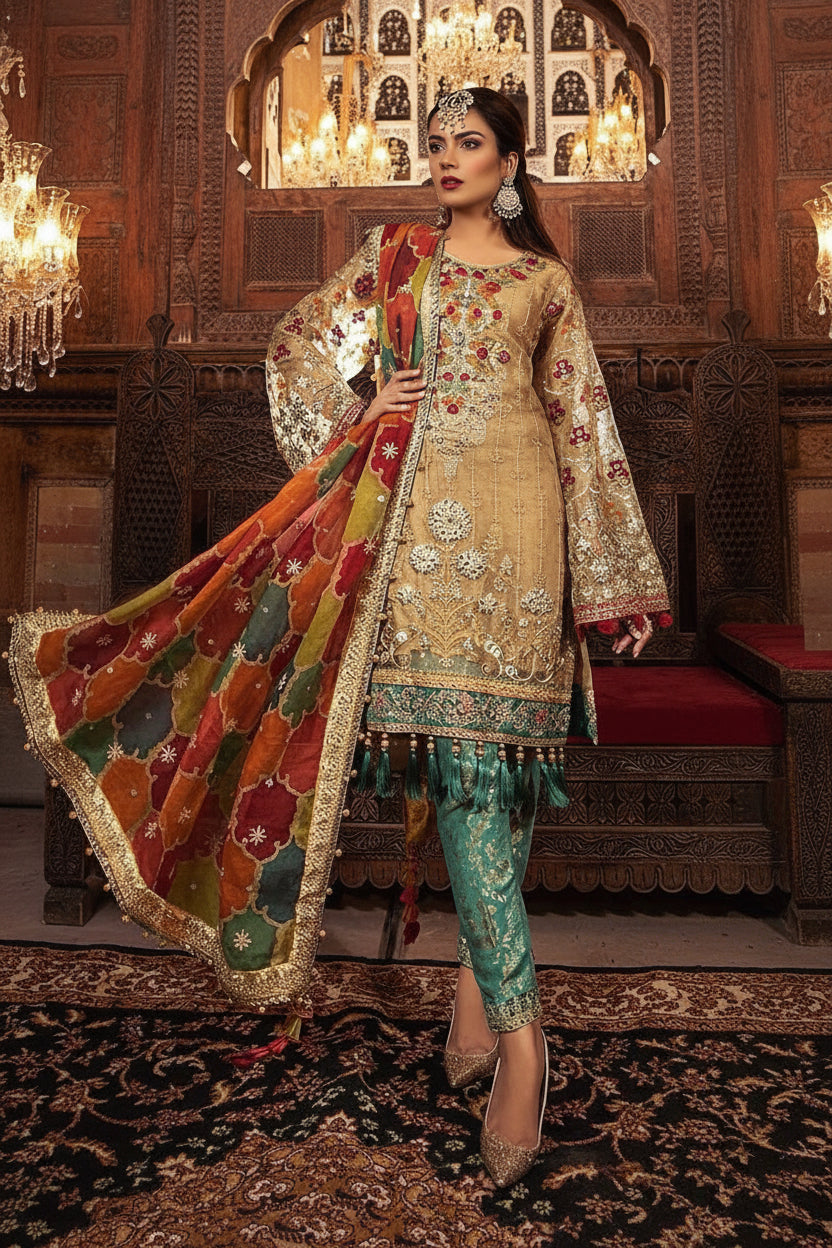 Premium Luxury Embroidered Net 3PC Suit - Hand-Embellished Formal Ensemble