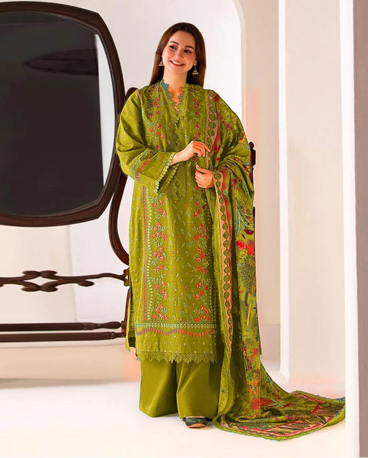 Green Embroidered 3-Piece Dhanak Suit for Women