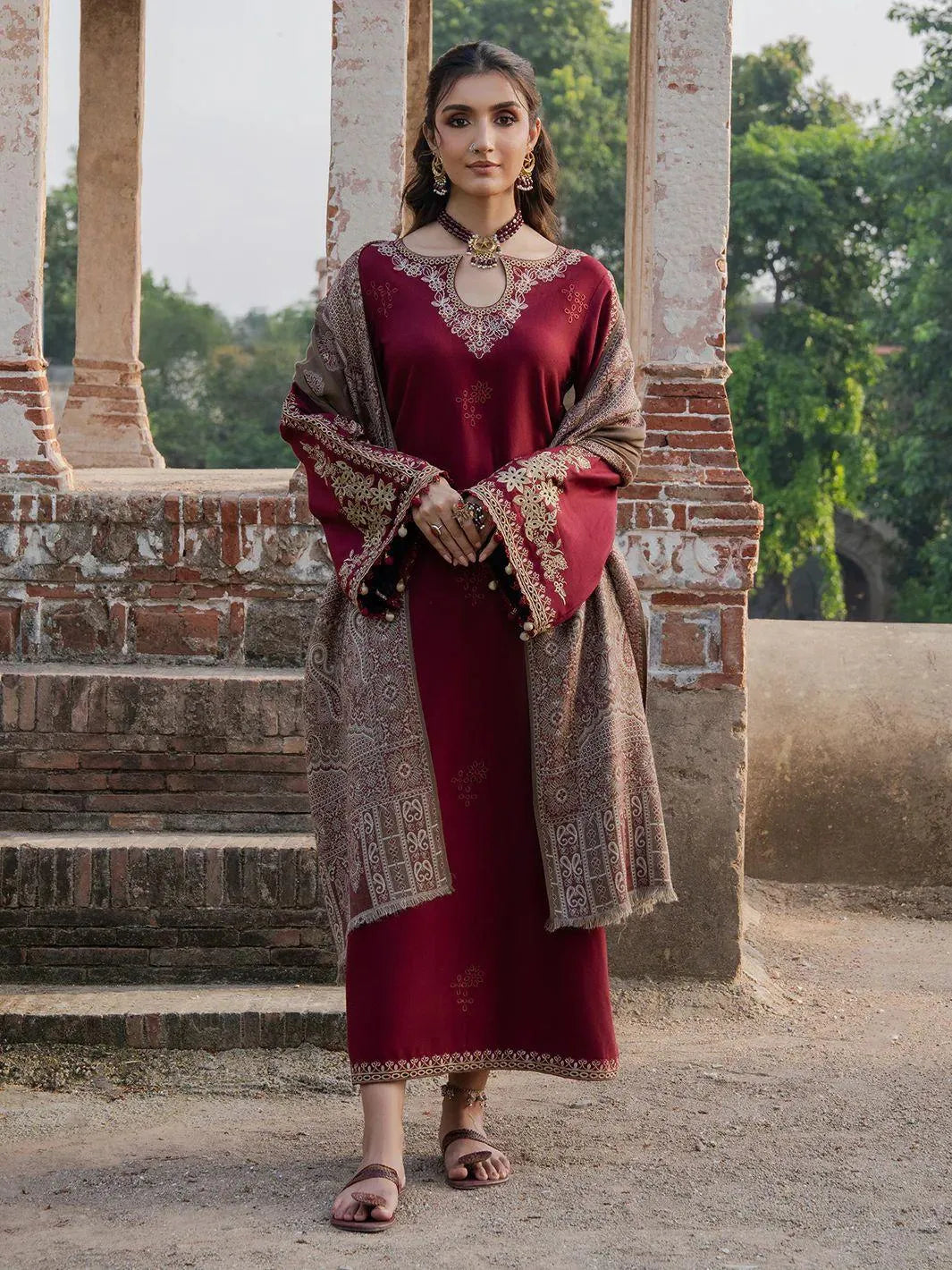 Maroon Embroidered 3-Piece Lawn Suit for Women
