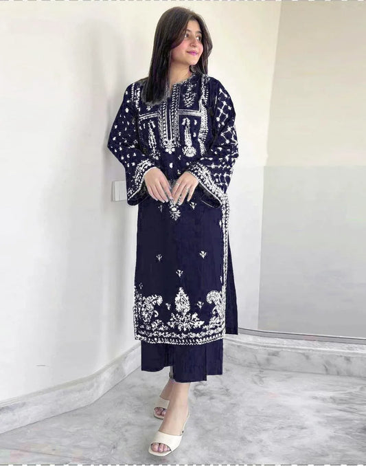 Elegant 2-piece women’s Blue Embroidered Lawn Suit with White