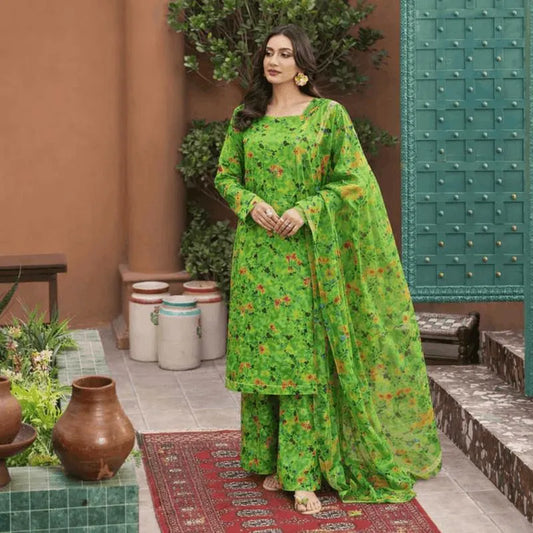 Green Printed Lawn Suit for Women with Dupatta