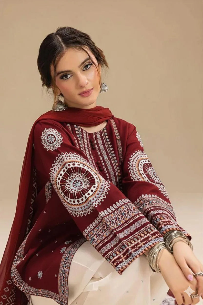 Maroon Embroidered 3-Piece Dhanak Suit with Pashmina Dupatta