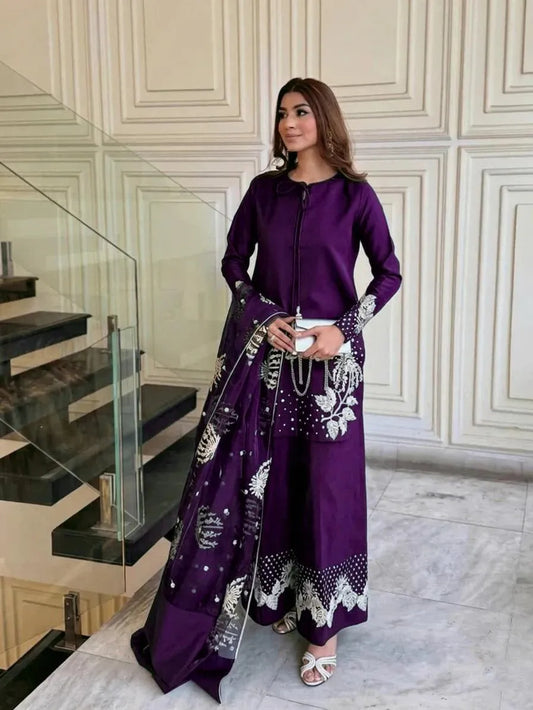 Purple 3Pcs Raw Silk Embroidered Set