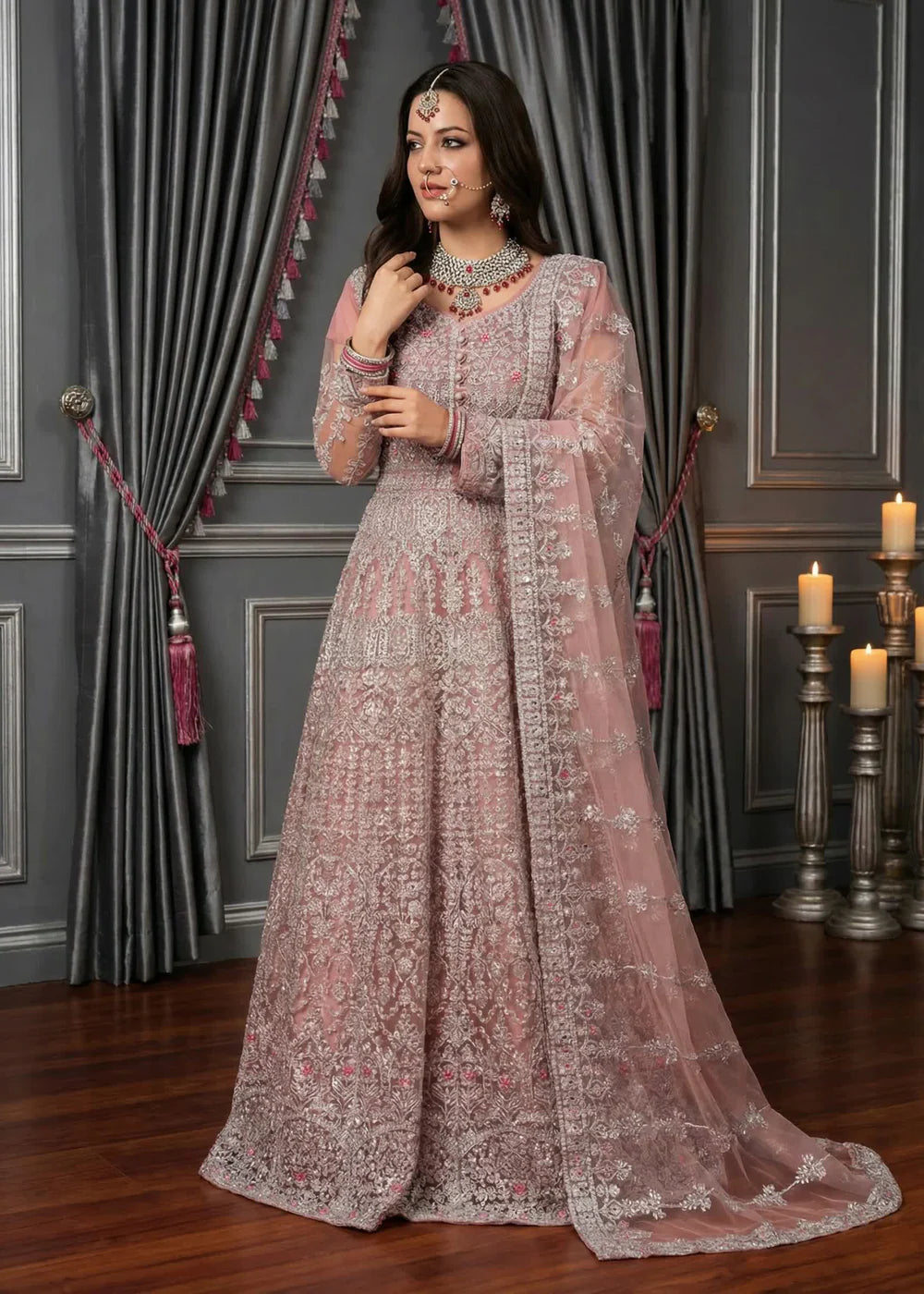 3-PC Kattan silk Embroidered Flared maxi Women's Dress