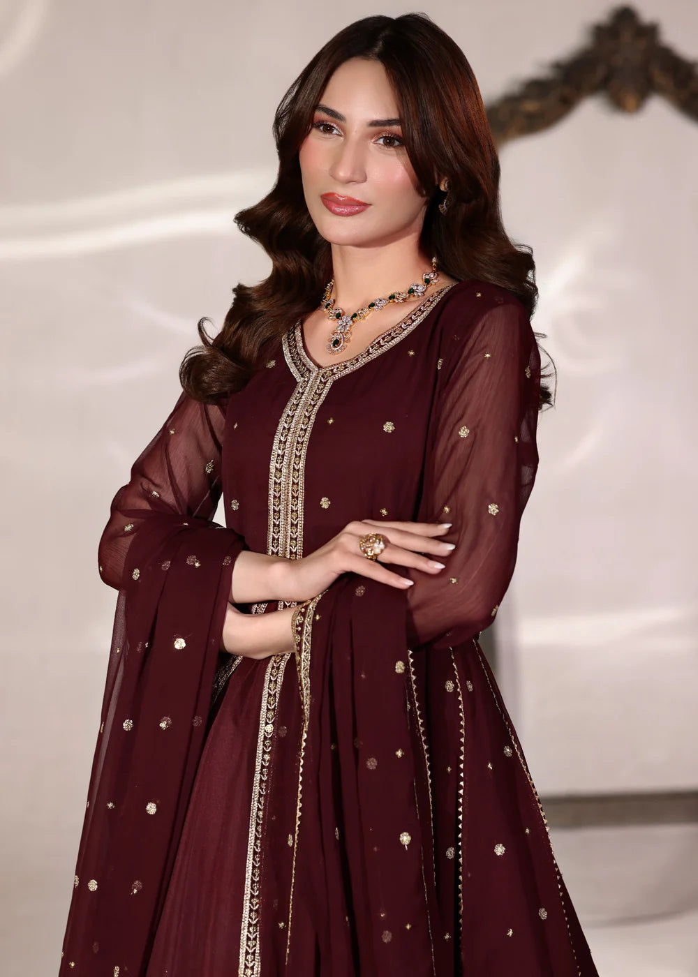 3-PC Chiffon Flared Embroidered Pishwas Women's Dress