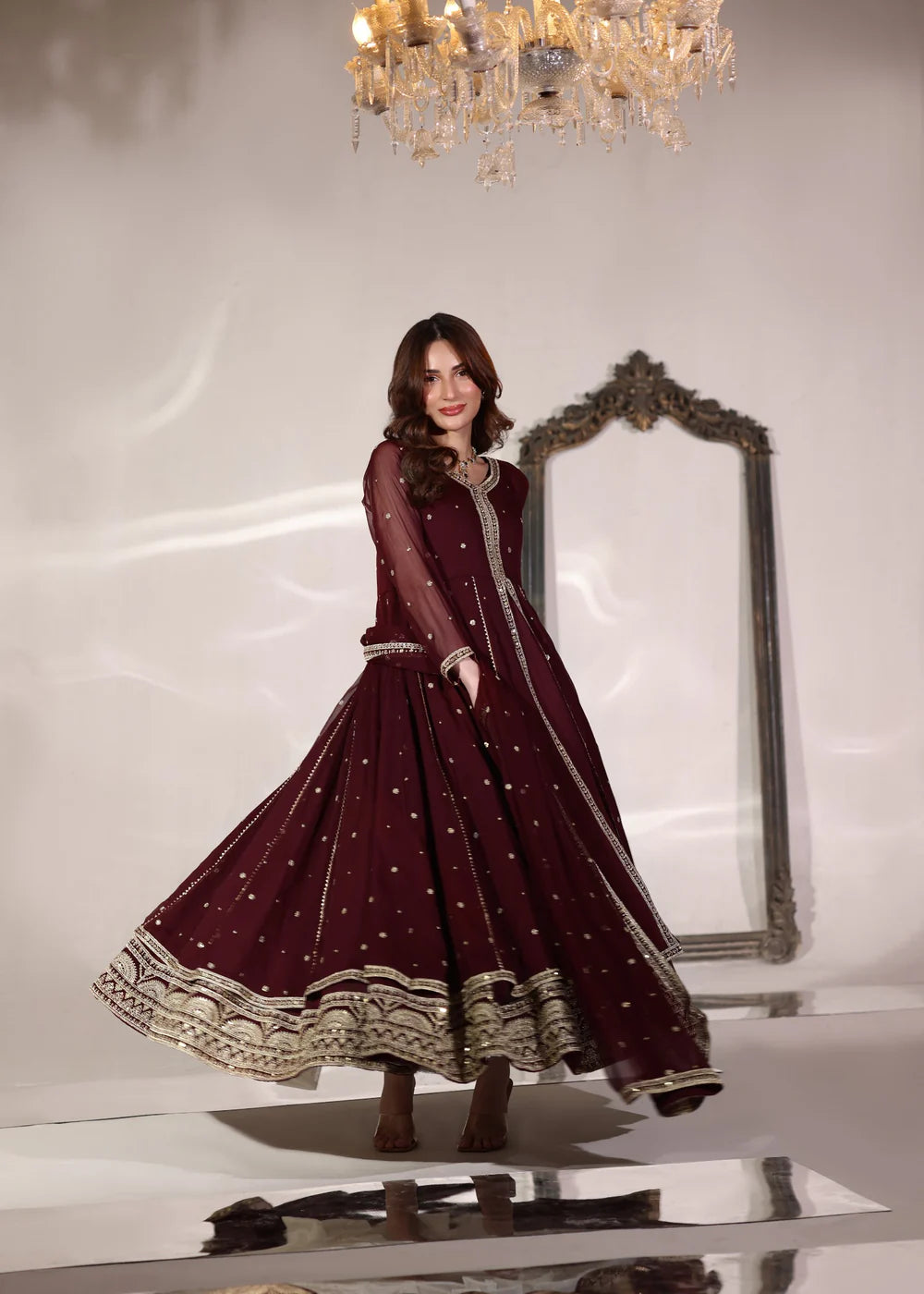 3-PC Chiffon Flared Embroidered Pishwas Women's Dress