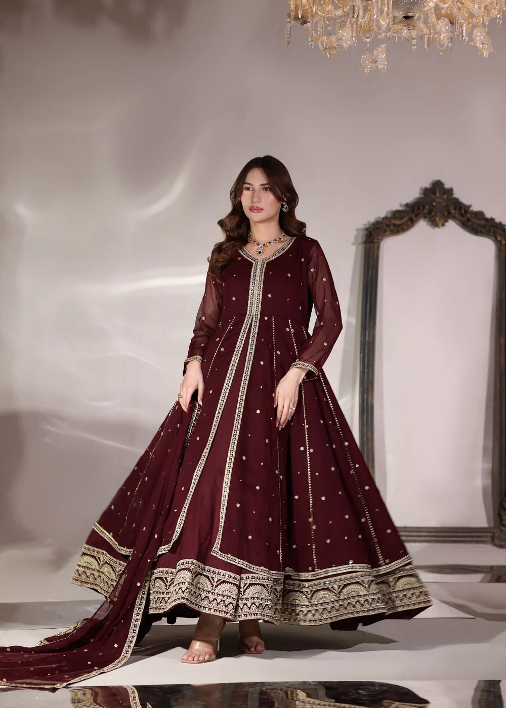 3-PC Chiffon Flared Embroidered Pishwas Women's Dress