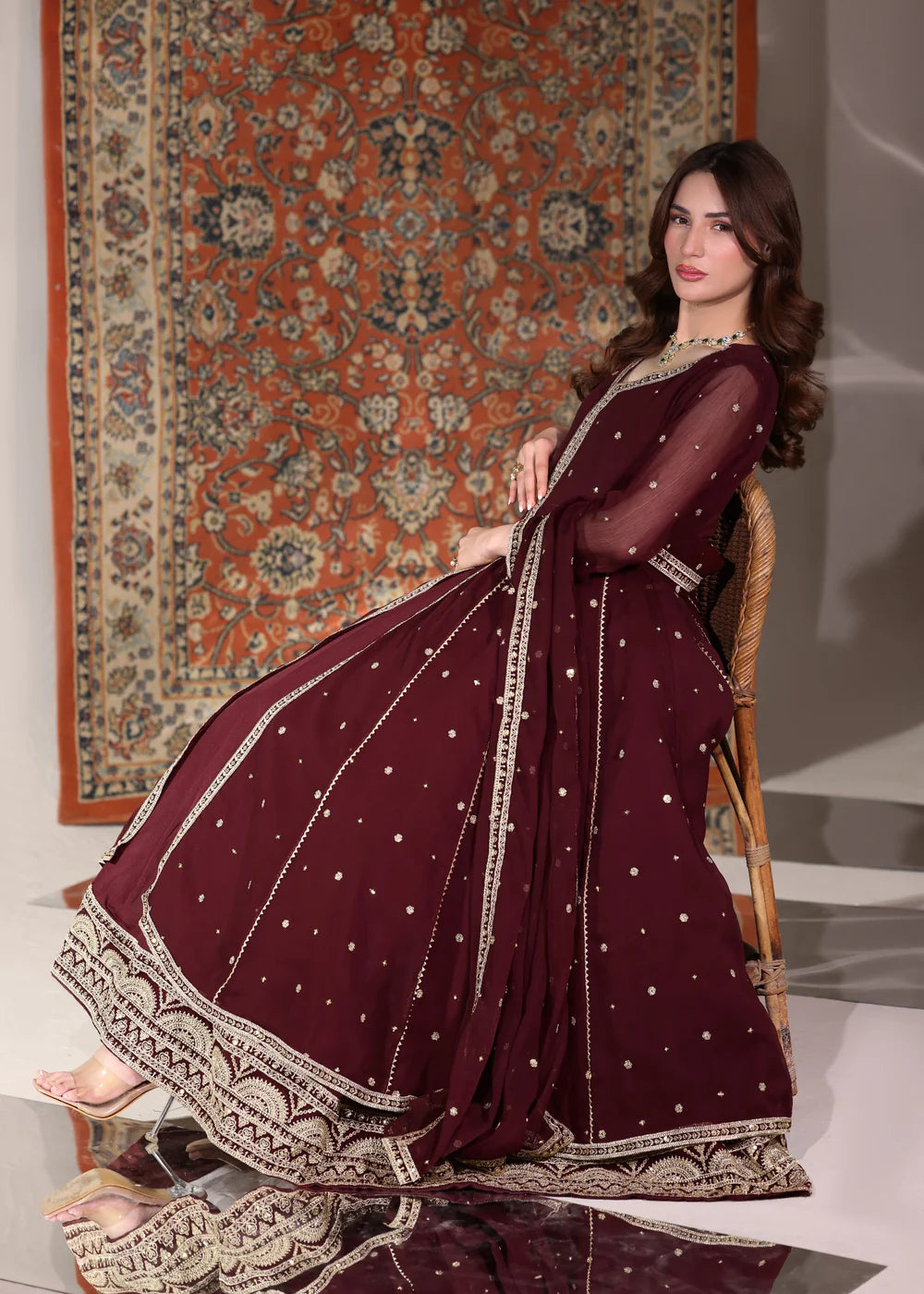 3-PC Chiffon Flared Embroidered Pishwas Women's Dress