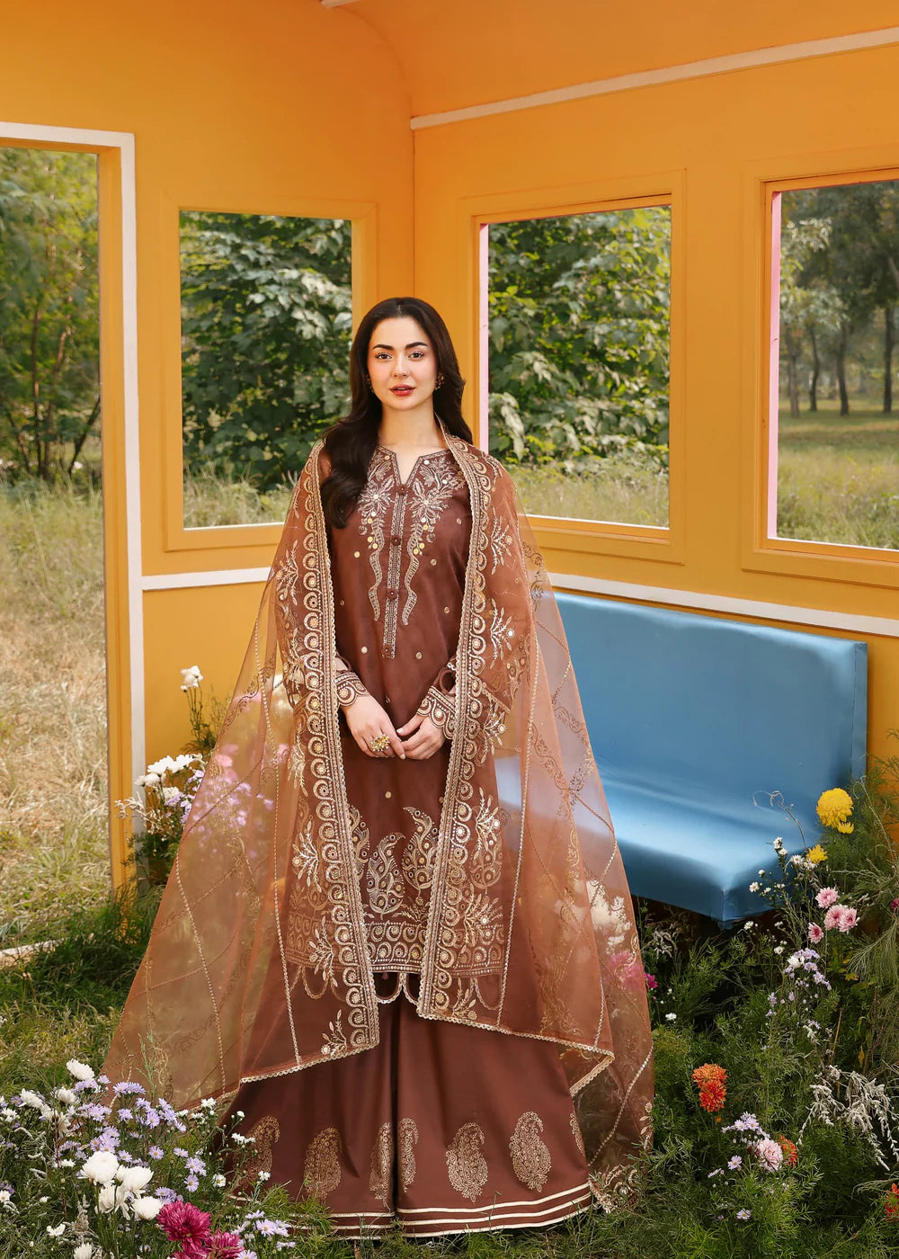 Cotton-3PC Embroidered Shirt with Organza Embroidered Dupatta