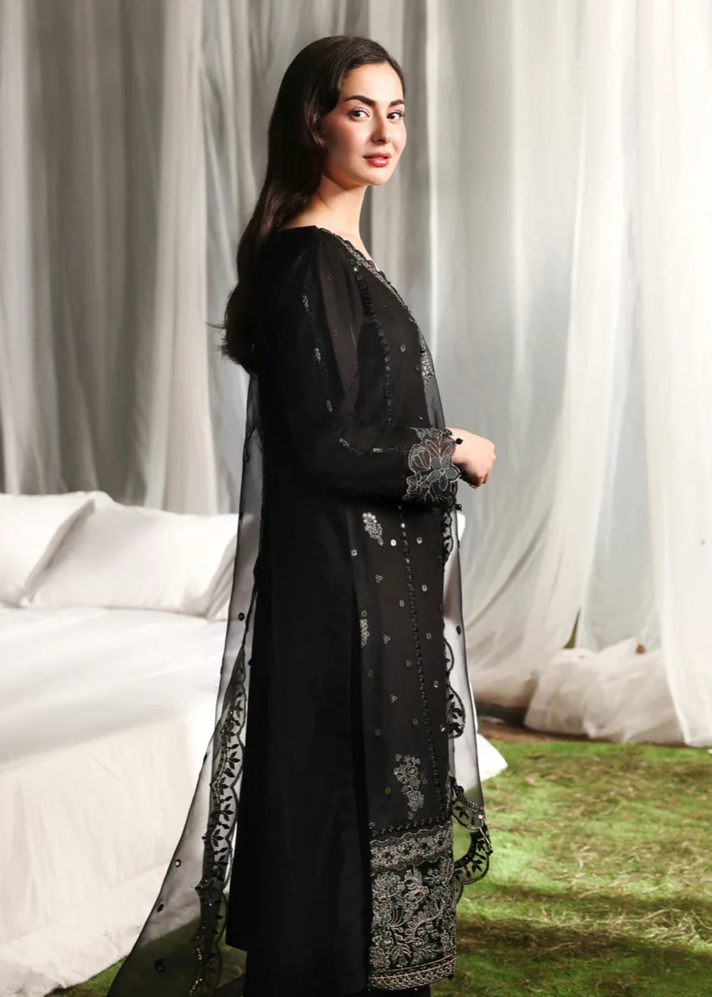 3PC Chikankari Jacquard Embroidered Shirt with Organza Dupatta
