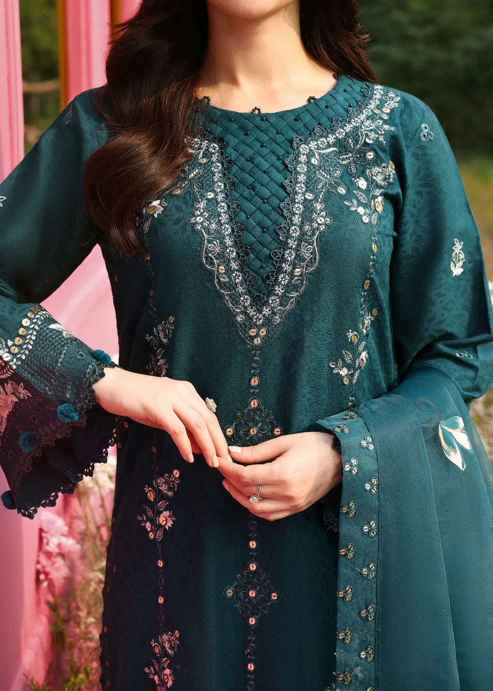3PC Chikankari Jacquard Embroidered Shirt with Organza Dupatta
