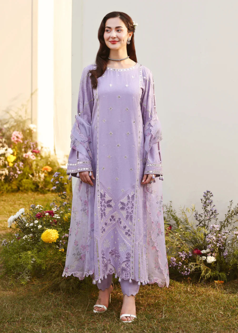 Cotton-3PC Chikankari jacquard Embroidered Shirt with Organza Floral Printed Dupatta