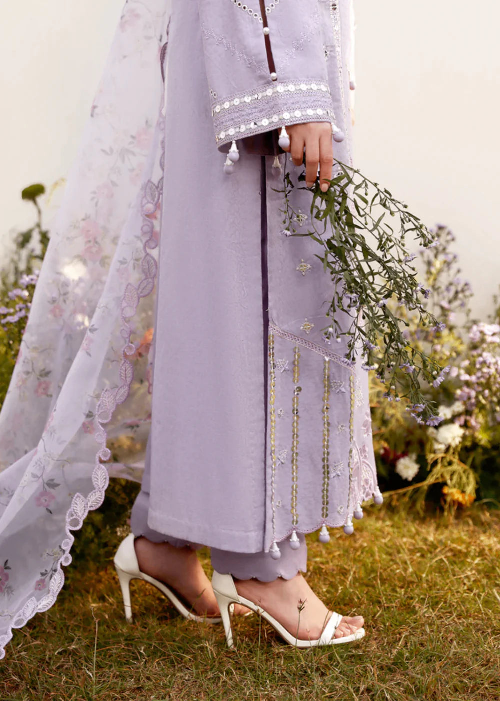 Cotton-3PC Chikankari jacquard Embroidered Shirt with Organza Floral Printed Dupatta