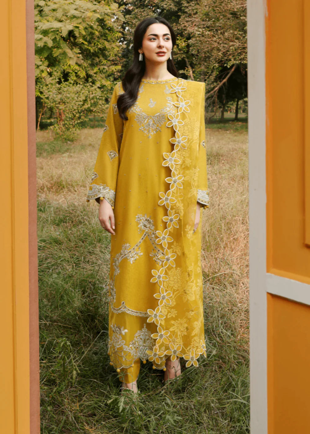 Cotton-3PC Embroidered Shirt with Organza Embroidered Dupatta Women's Suit