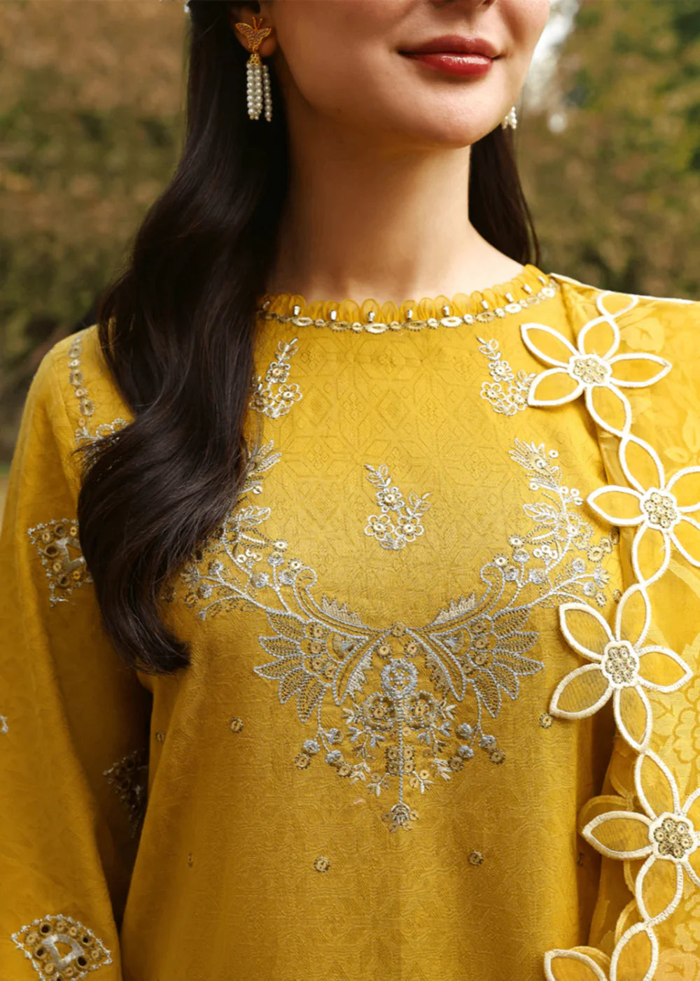 Cotton-3PC Embroidered Shirt with Organza Embroidered Dupatta Women's Suit