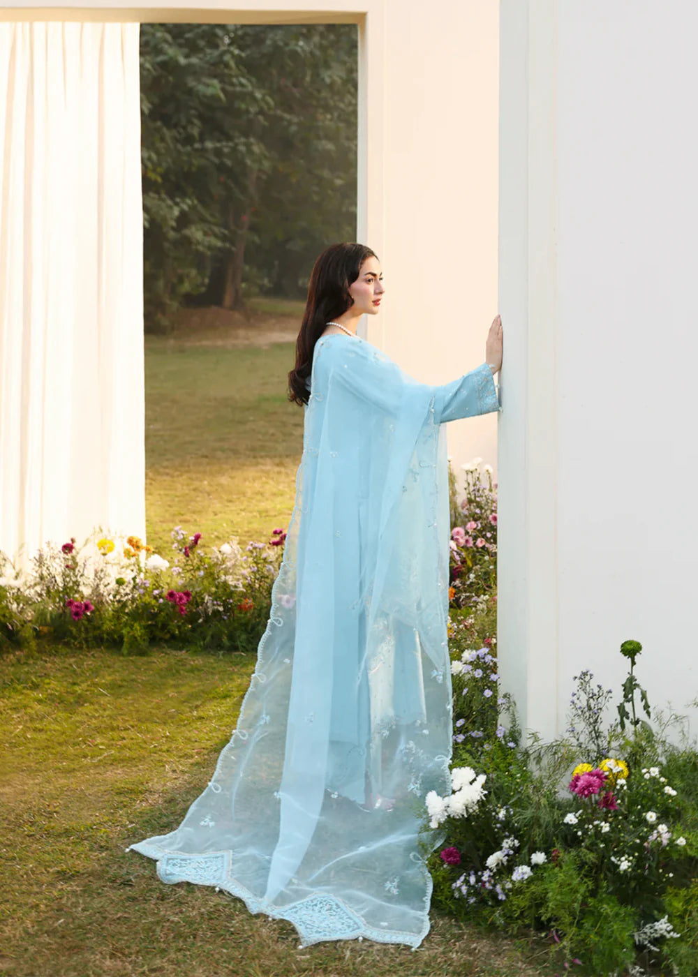 Cotton-3PC Chikankari Embroidered Shirt with Organza Embroidered Dupatta