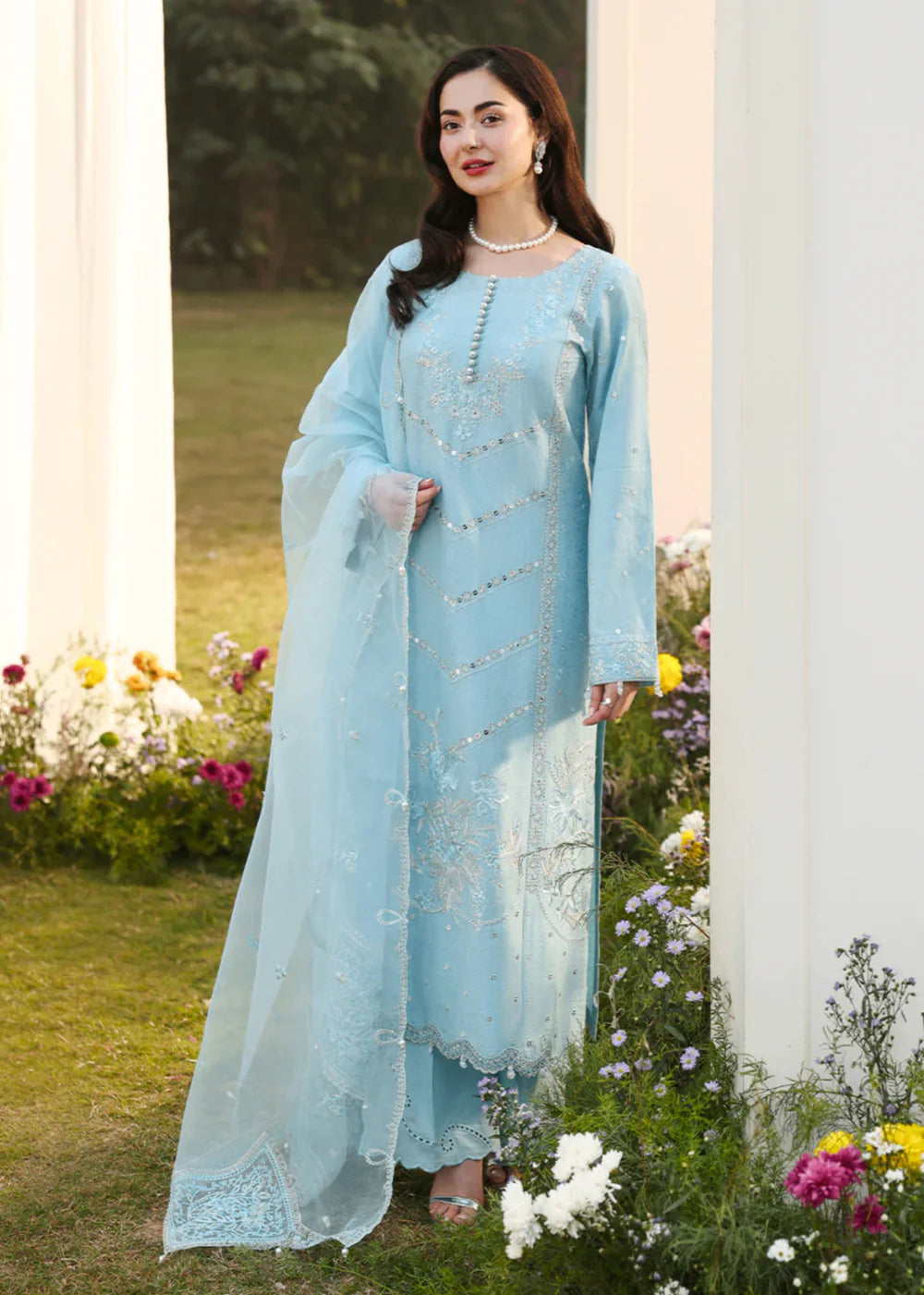 Cotton-3PC Chikankari Embroidered Shirt with Organza Embroidered Dupatta