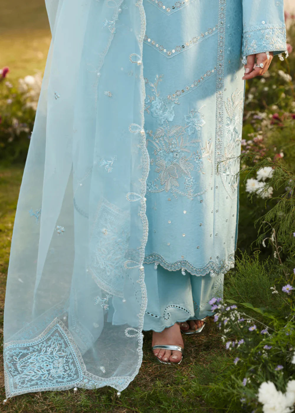 Cotton-3PC Chikankari Embroidered Shirt with Organza Embroidered Dupatta