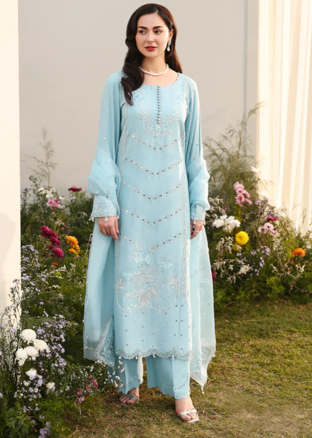 Cotton-3PC Chikankari Embroidered Shirt with Organza Embroidered Dupatta