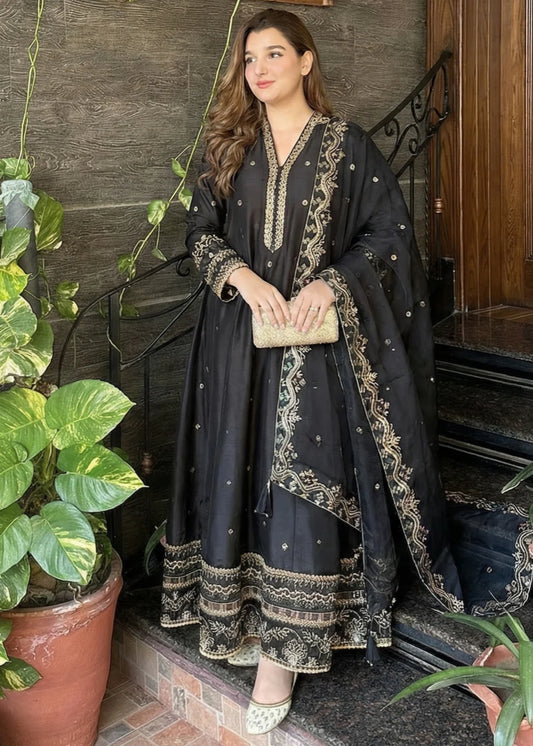3PC Slik Flared Embroidered Maxi with Organza Dupatta