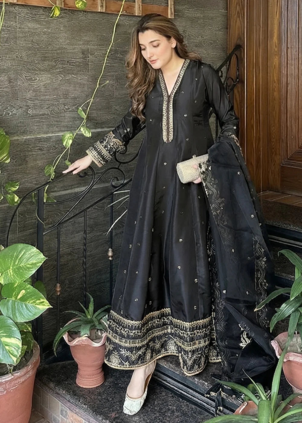 3PC Slik Flared Embroidered Maxi with Organza Dupatta