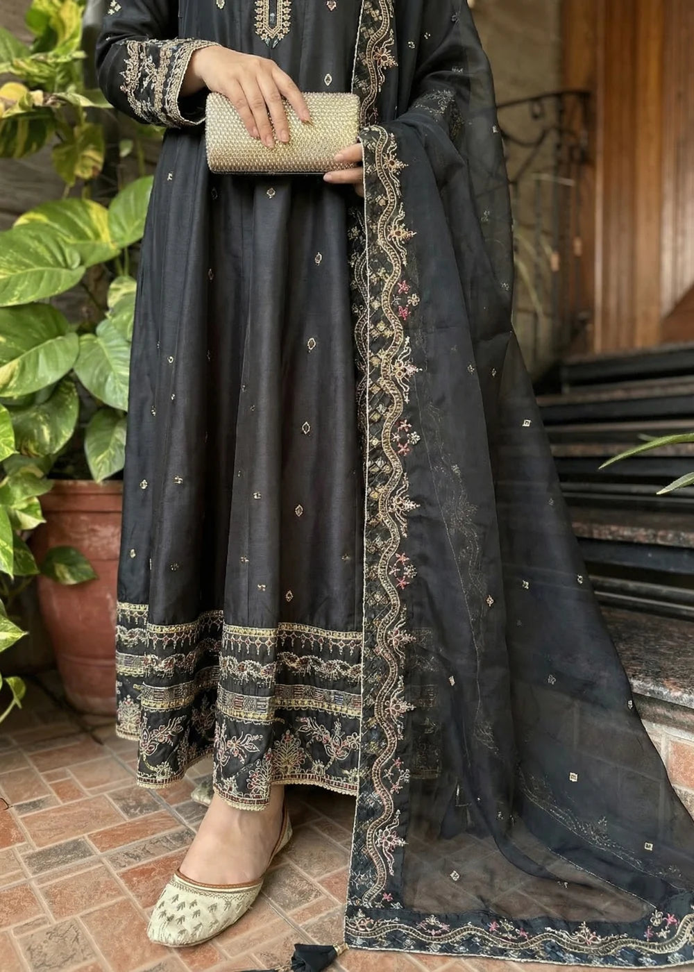 3PC Slik Flared Embroidered Maxi with Organza Dupatta
