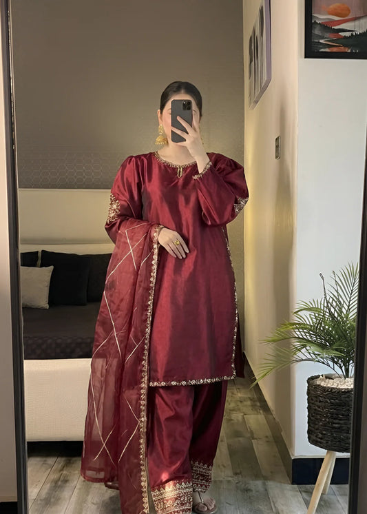 3 Piece Silk Embroidered Women's Dress