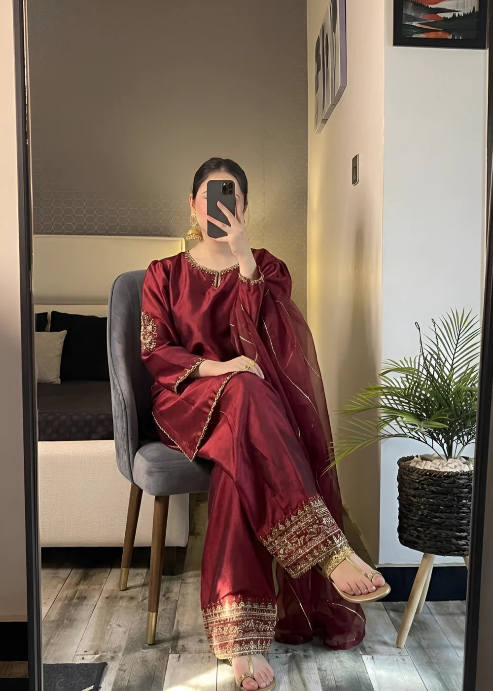 3 Piece Silk Embroidered Women's Dress