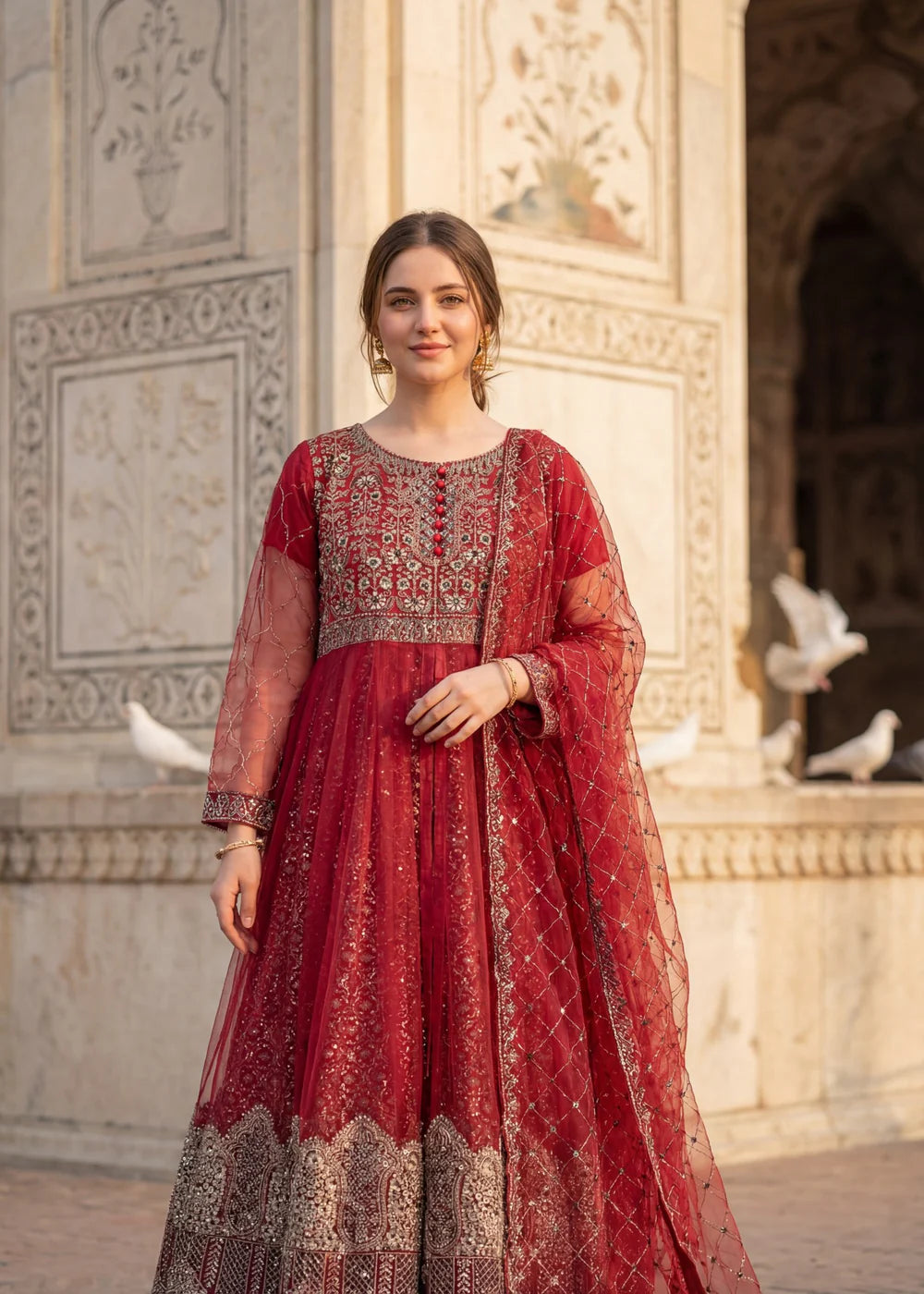 3-PC Net Flared  Embroidered Pishwas Women's Dress