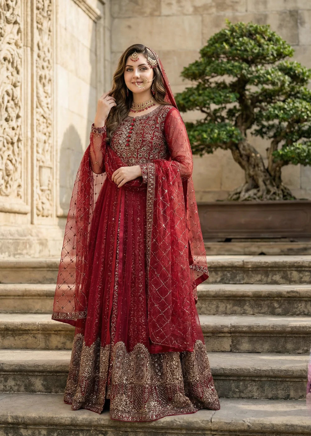 3-PC Net Flared  Embroidered Pishwas Women's Dress