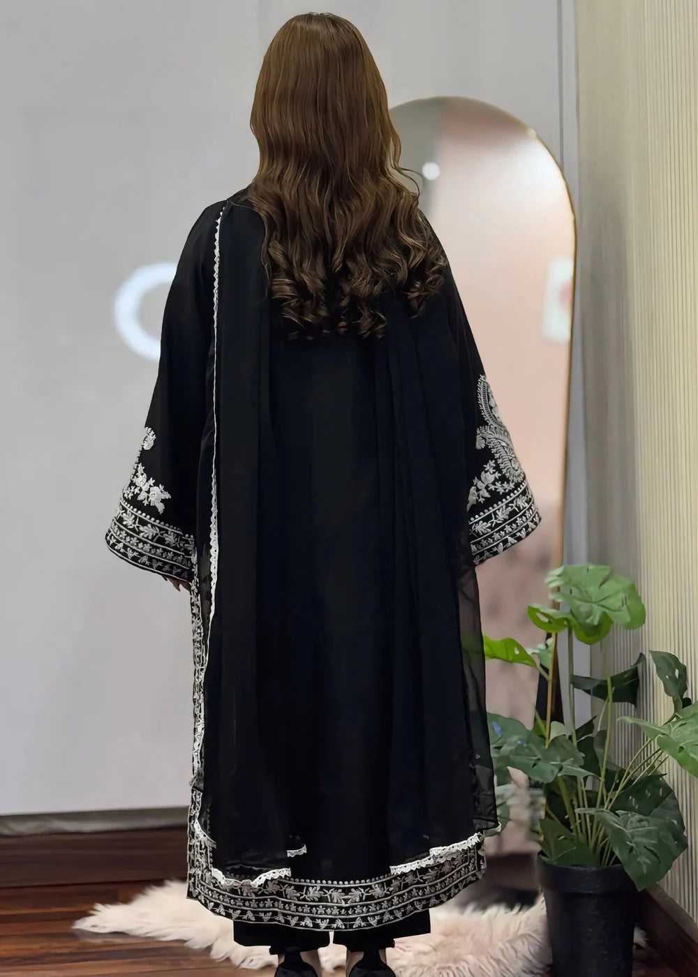 Black Embroidered 3PC Cotton Suit with Chiffon Dupatta