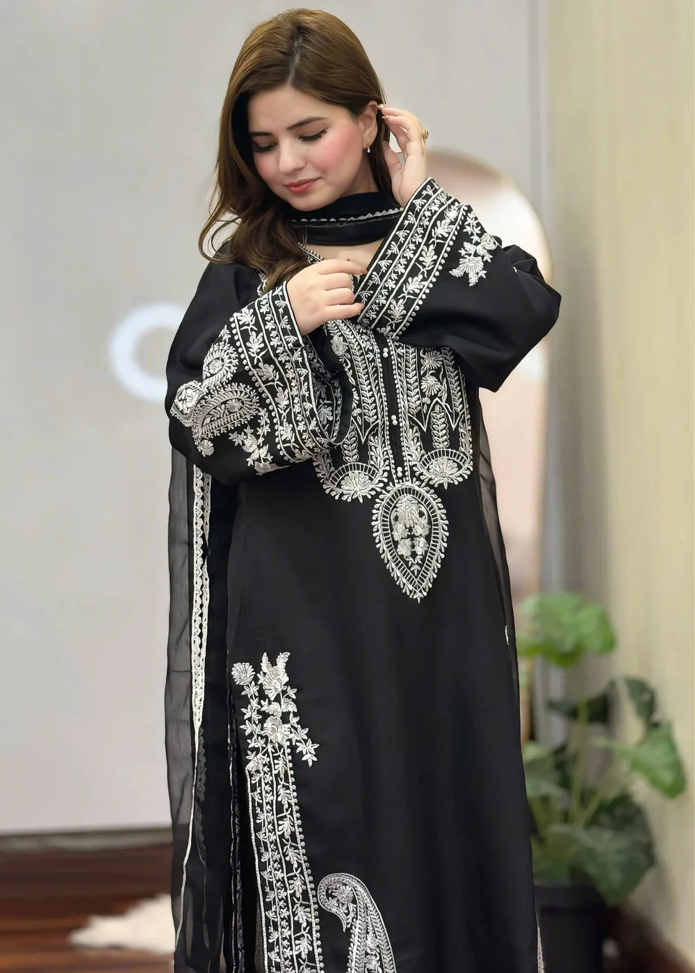 Black Embroidered 3PC Cotton Suit with Chiffon Dupatta